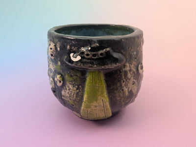 Get In Loser Handle-less Teacup - Cratered Black and Green with Floating Teal Inside