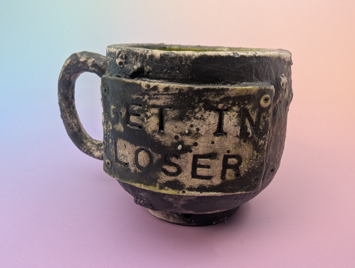 Get In Loser Teacup - Cratered Black Mixed Finish with Alien Green Inside