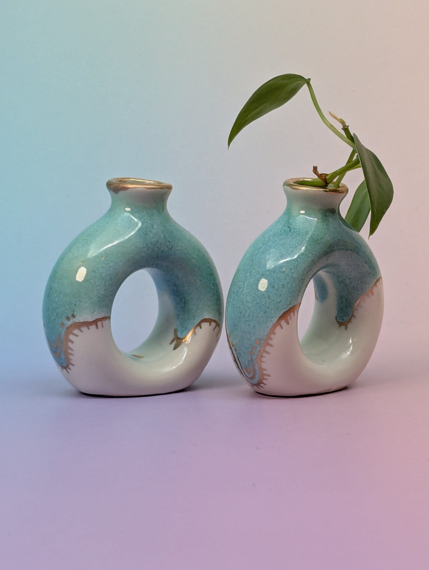 Teal & Marshmallow Napkin Ring Vases W/Gold Enamel Accents