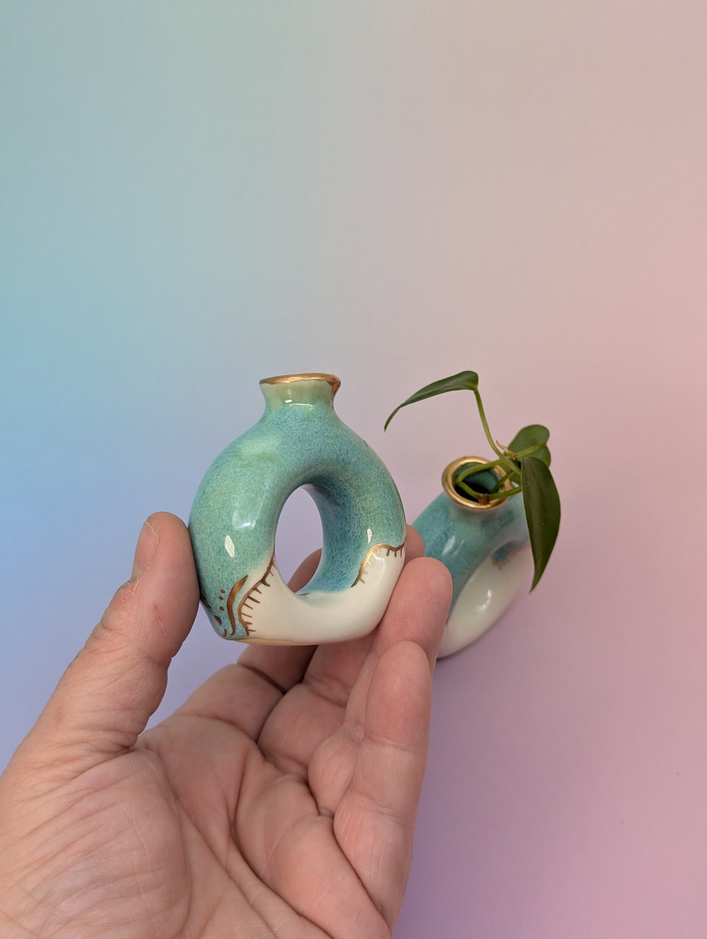 Teal & Marshmallow Napkin Ring Vases W/Gold Enamel Accents