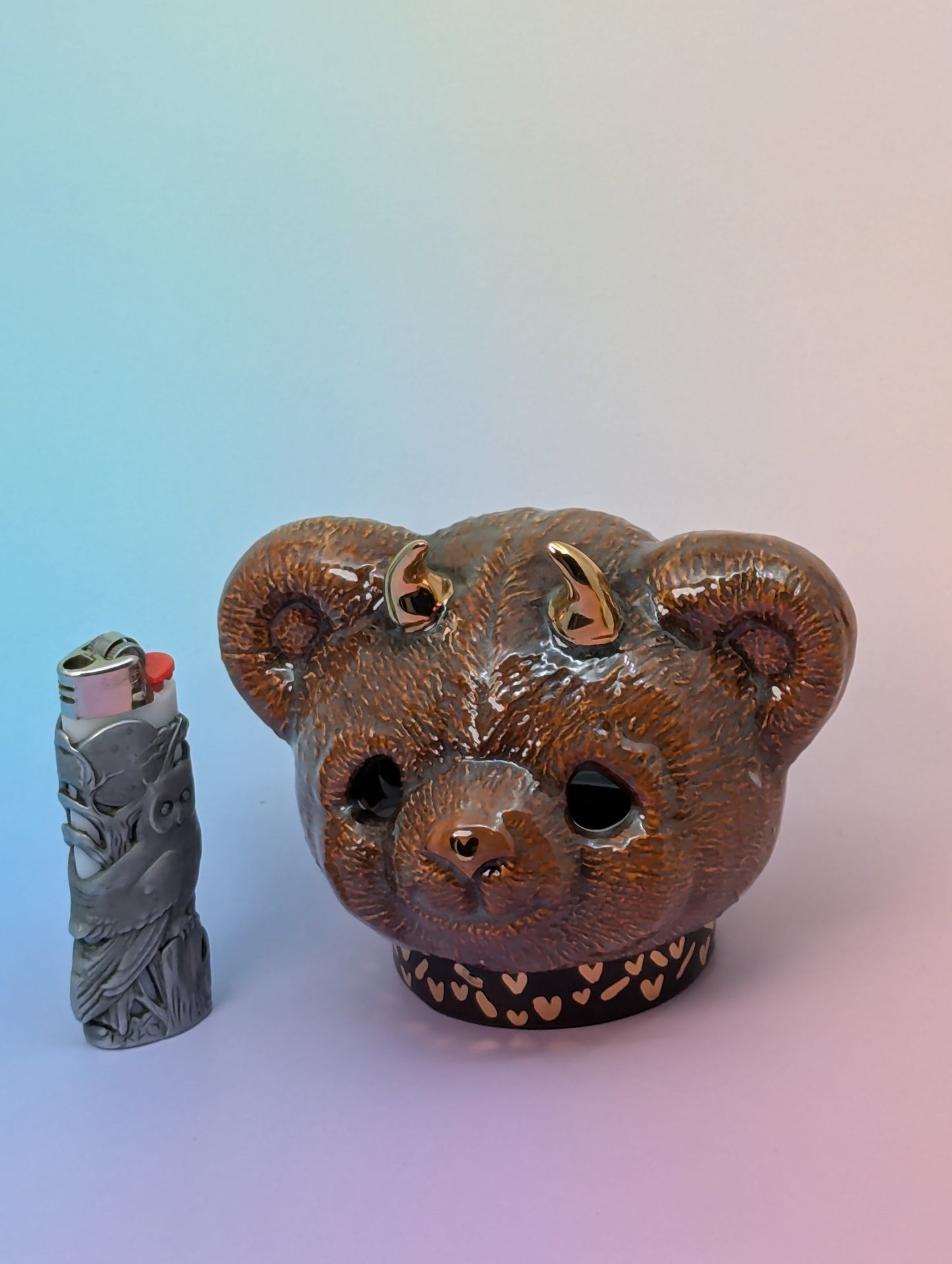 Horny Bear Ashtray W/Gold Glaze Hearts