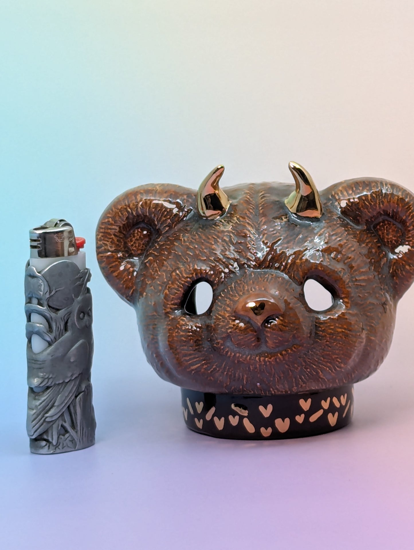 Horny Bear Ashtray W/Gold Glaze Hearts
