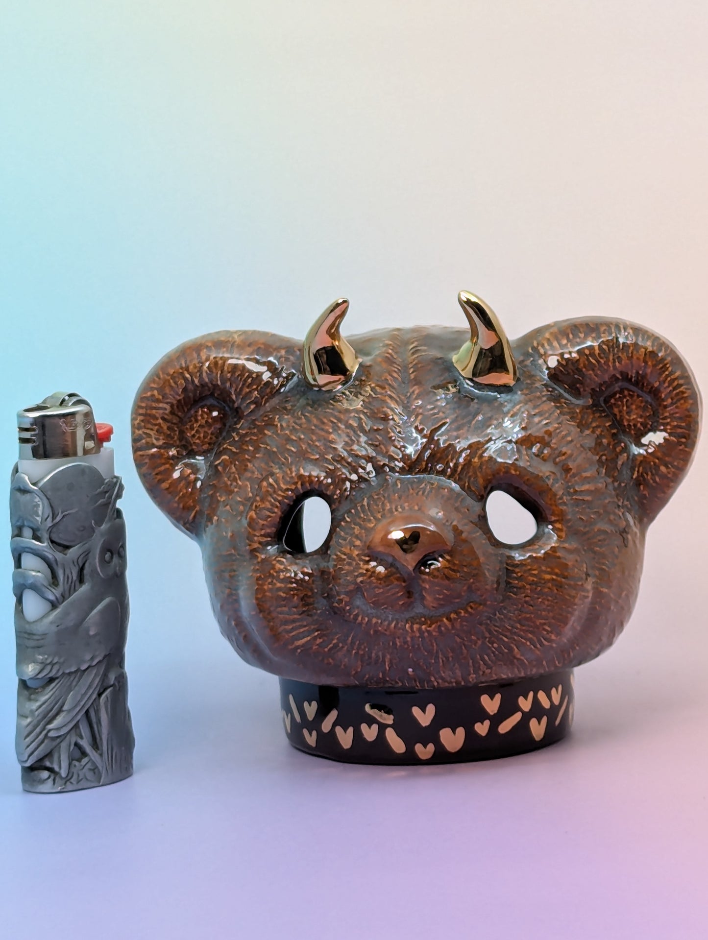 Horny Bear Ashtray W/Gold Glaze Hearts