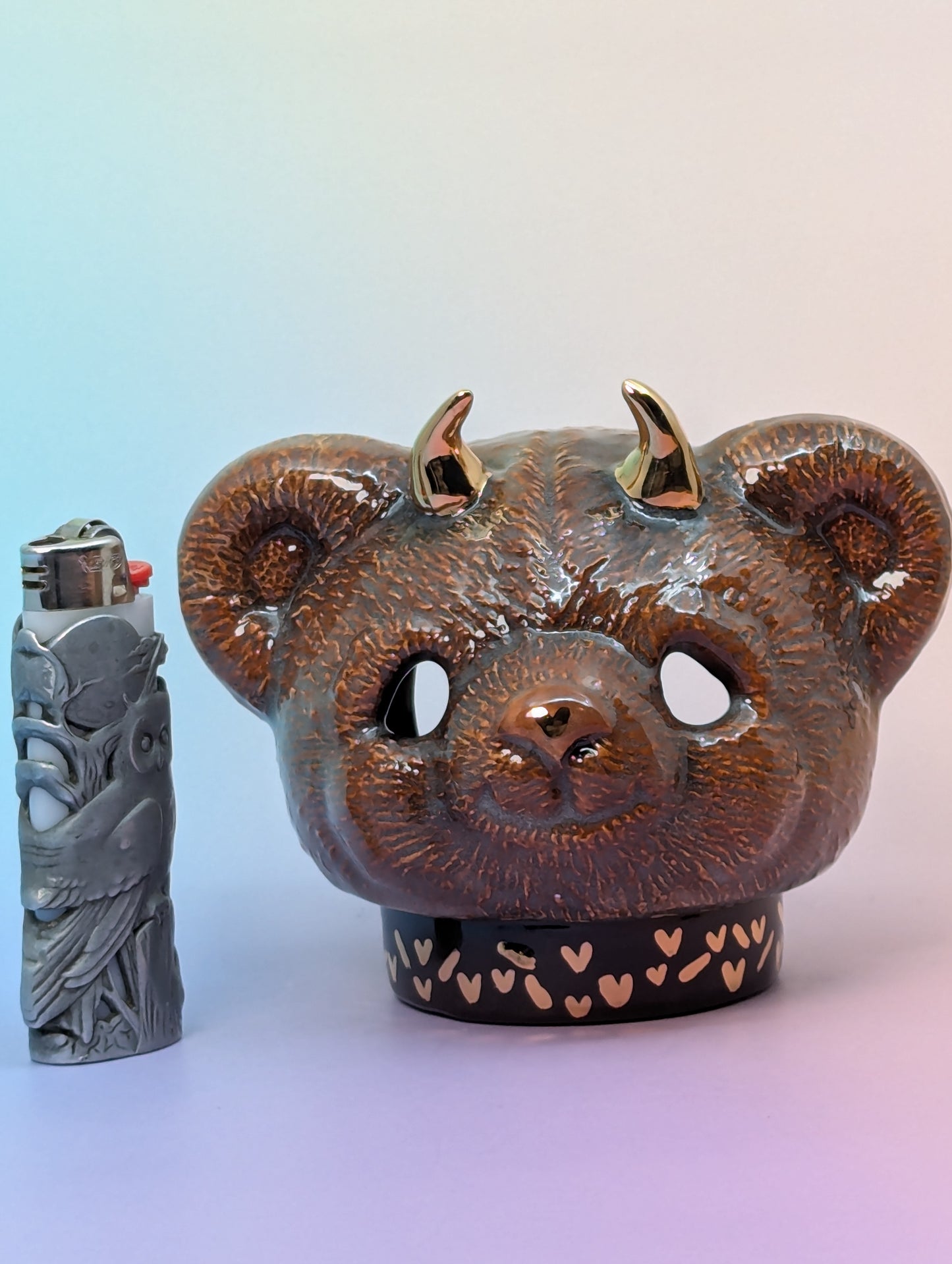 Horny Bear Ashtray W/Gold Glaze Hearts