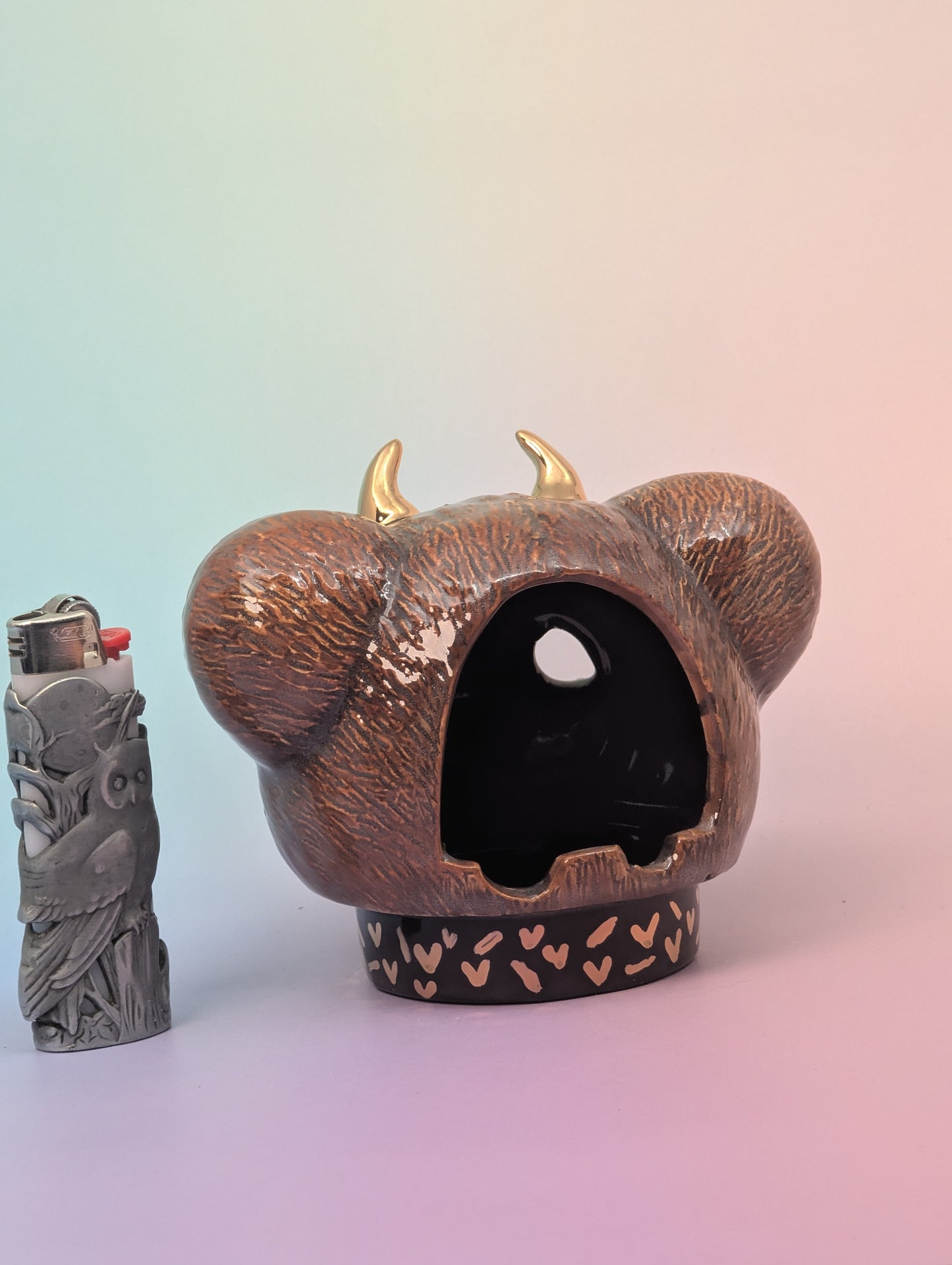Horny Bear Ashtray W/Gold Glaze Hearts