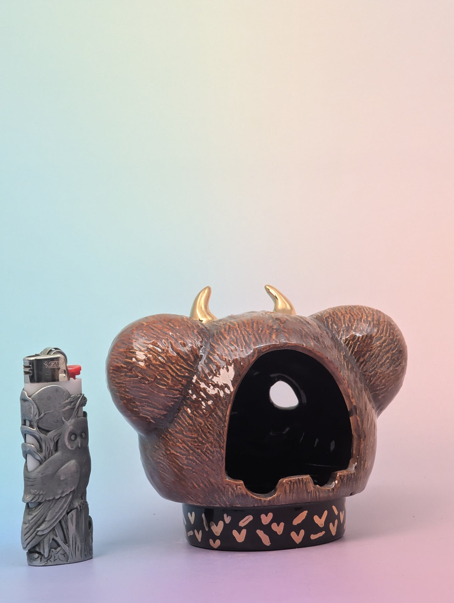 Horny Bear Ashtray W/Gold Glaze Hearts