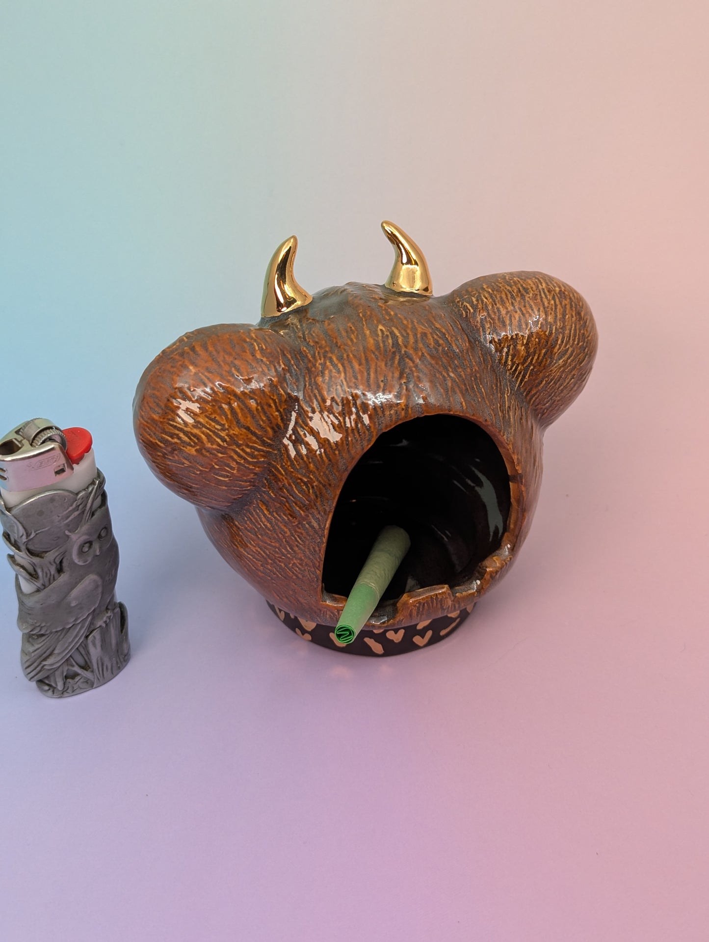 Horny Bear Ashtray W/Gold Glaze Hearts