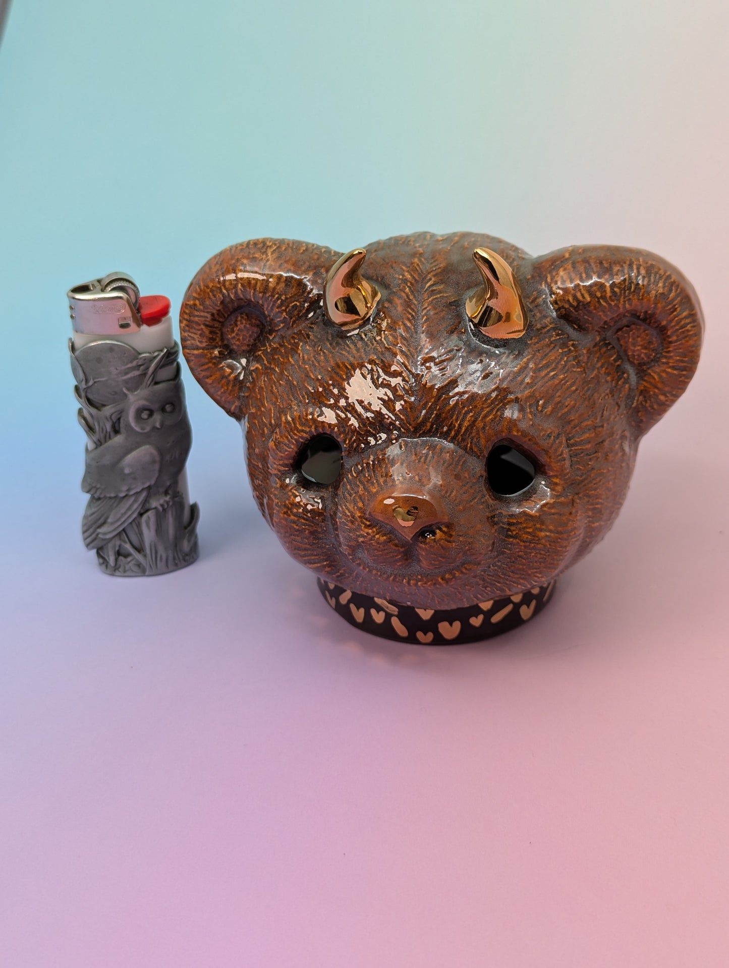 Horny Bear Ashtray W/Gold Glaze Hearts