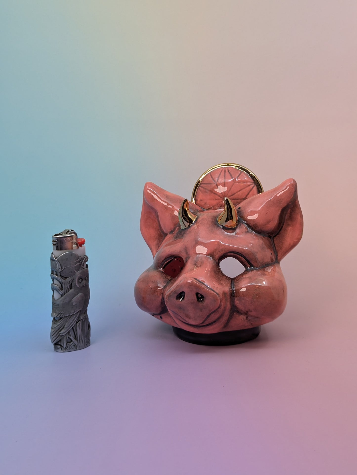 Horny Piggy Ashtray W/Gold Glaze Accents