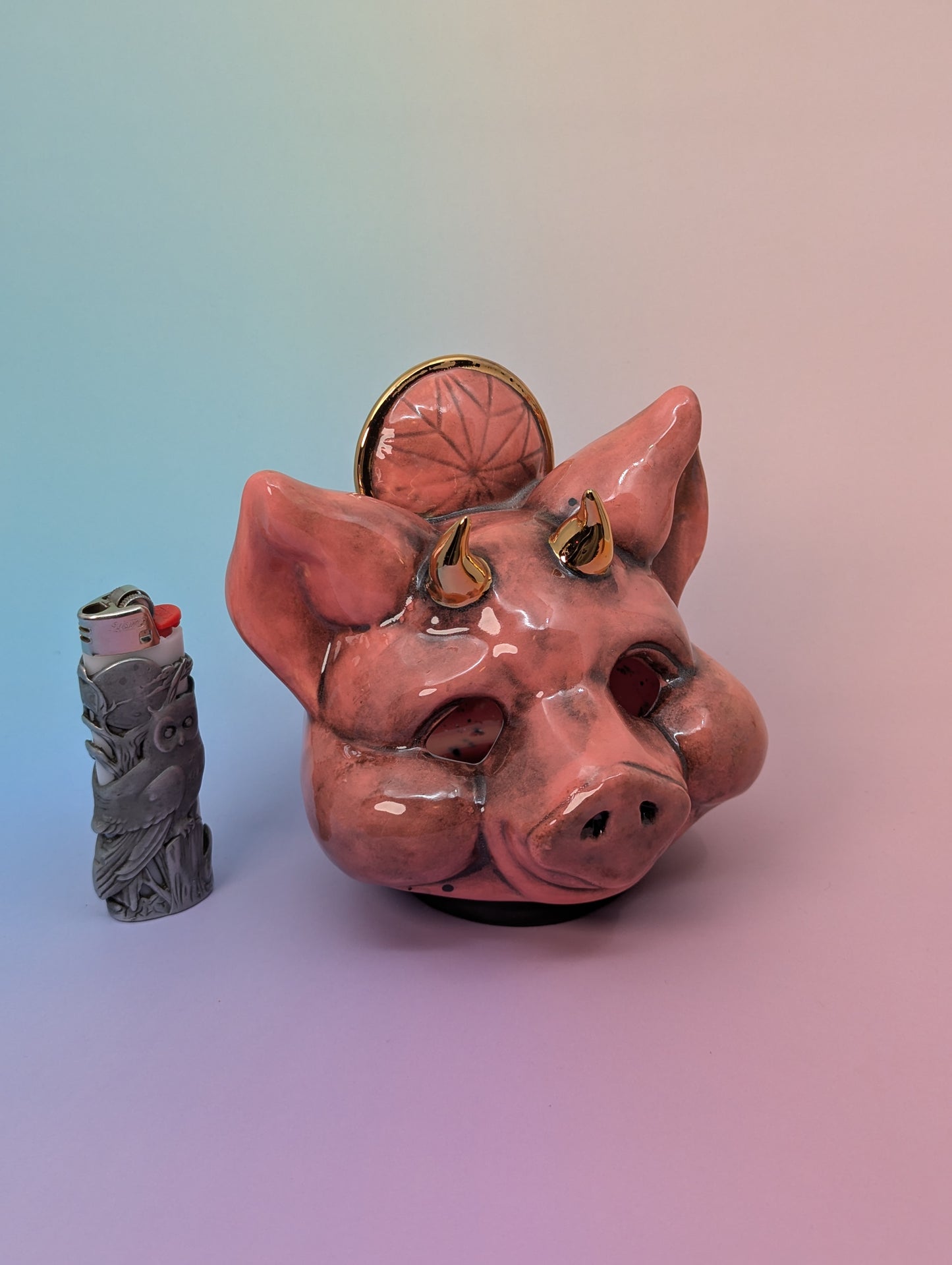 Horny Piggy Ashtray W/Gold Glaze Accents