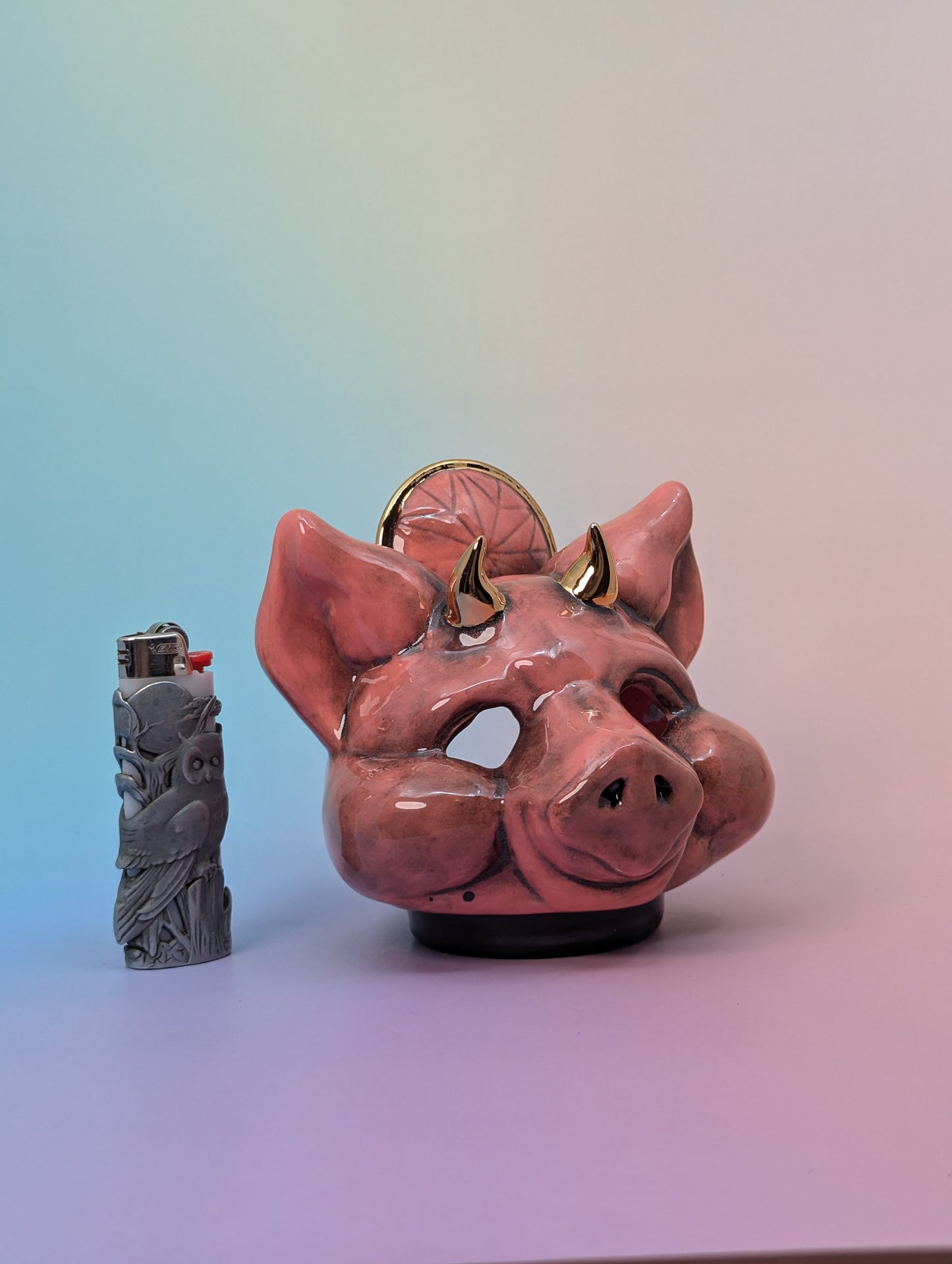 Horny Piggy Ashtray W/Gold Glaze Accents