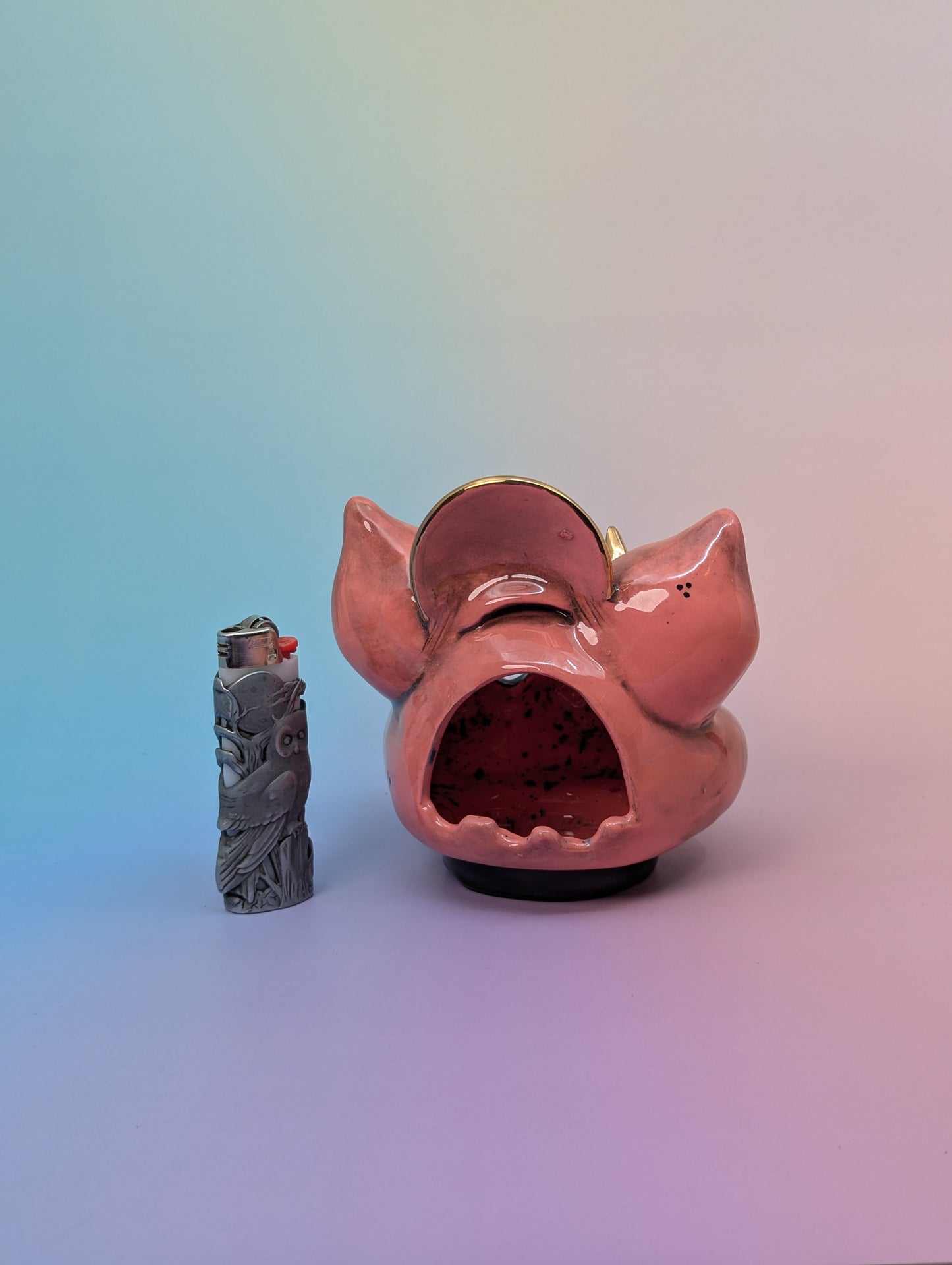 Horny Piggy Ashtray W/Gold Glaze Accents