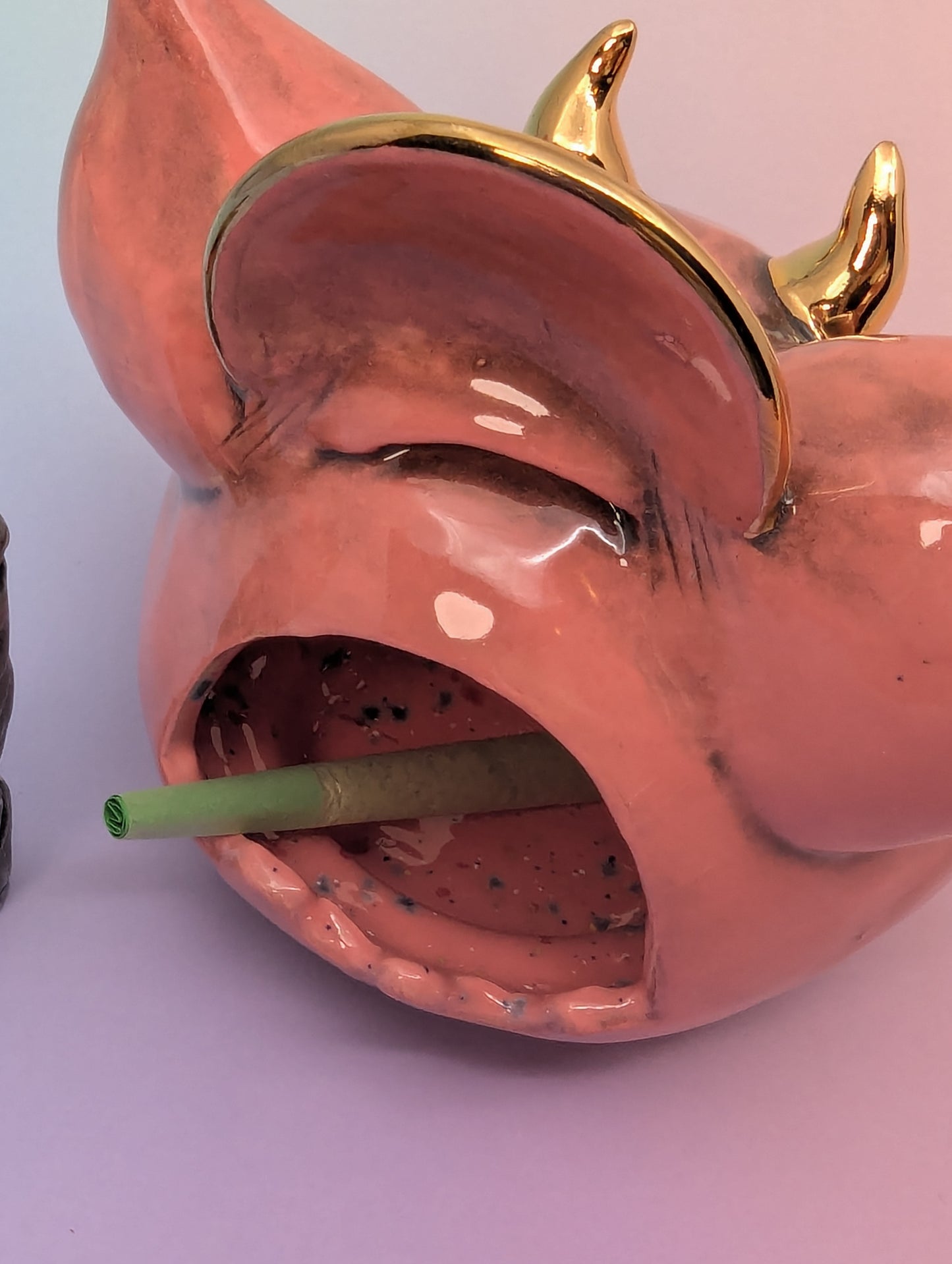 Horny Piggy Ashtray W/Gold Glaze Accents