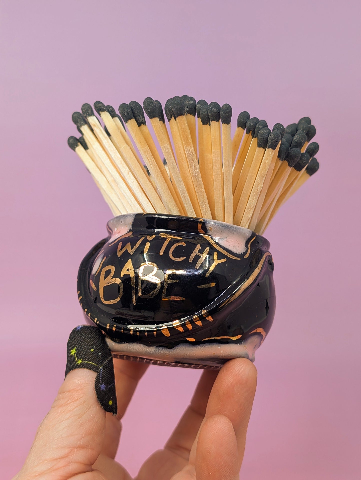 "Witchy Babe" Cauldron Matchstick Holder with Gold Glaze