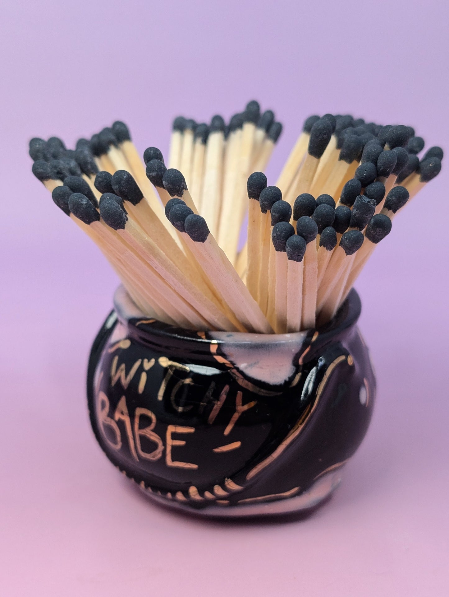 "Witchy Babe" Cauldron Matchstick Holder with Gold Glaze