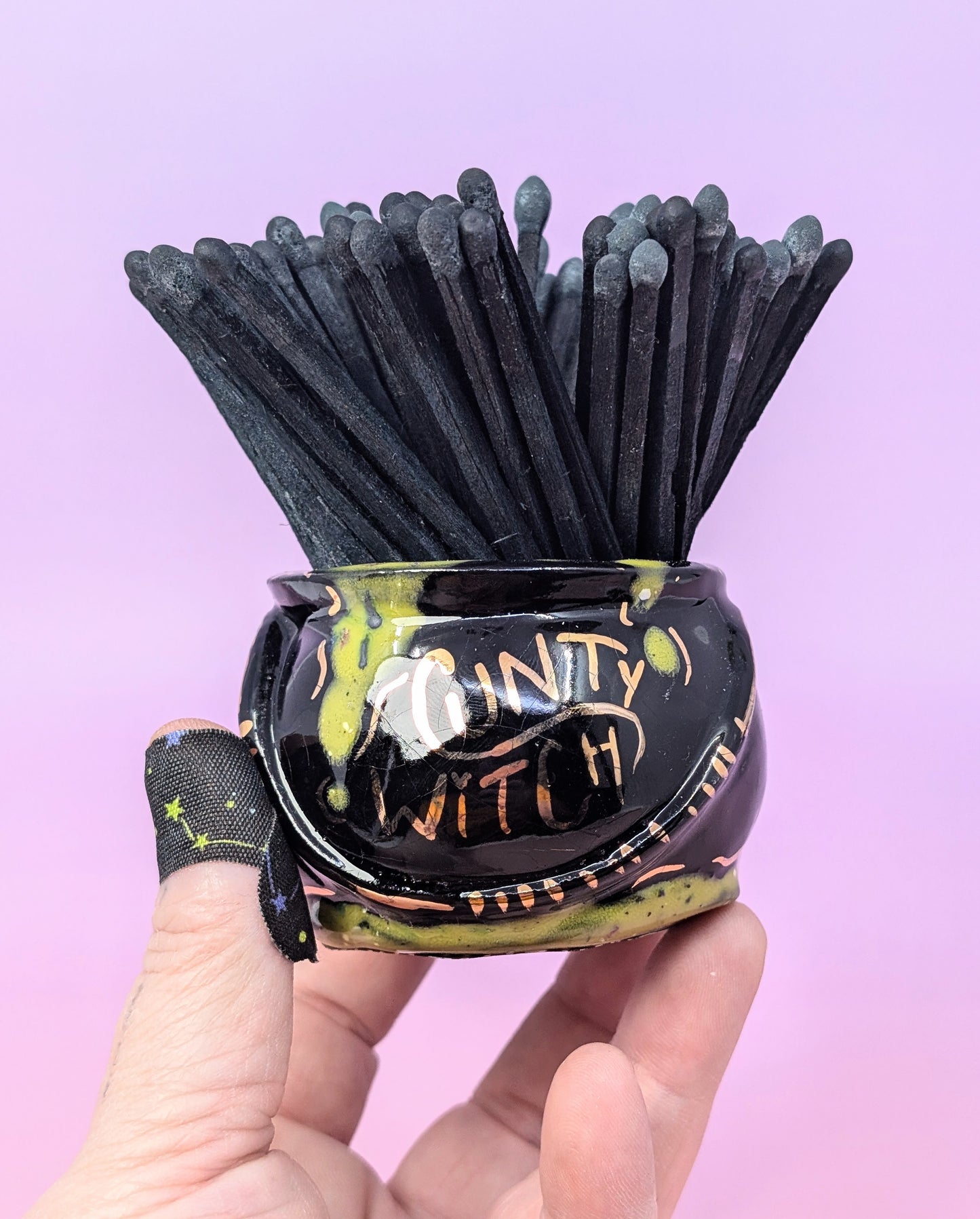 "Cunty Witch" Cauldron Matchstick Holder with Gold Glaze