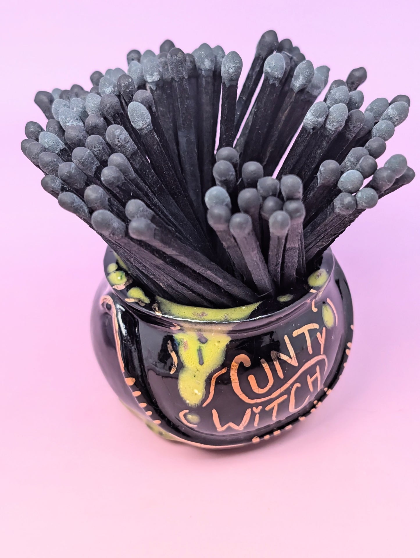 "Cunty Witch" Cauldron Matchstick Holder with Gold Glaze