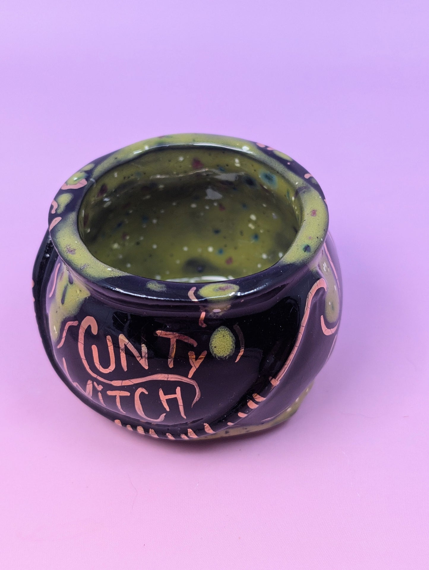 "Cunty Witch" Cauldron Matchstick Holder with Gold Glaze