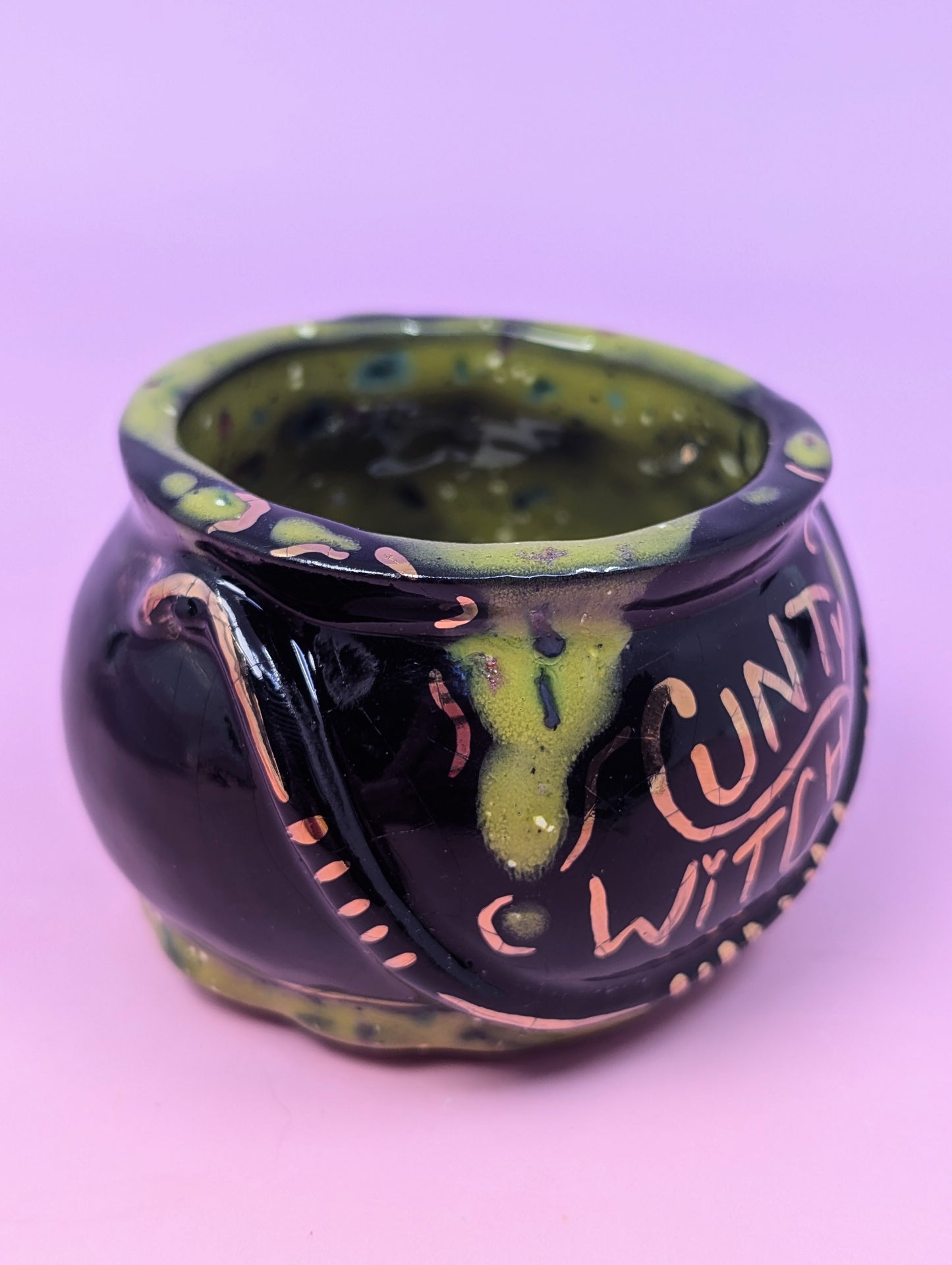 "Cunty Witch" Cauldron Matchstick Holder with Gold Glaze
