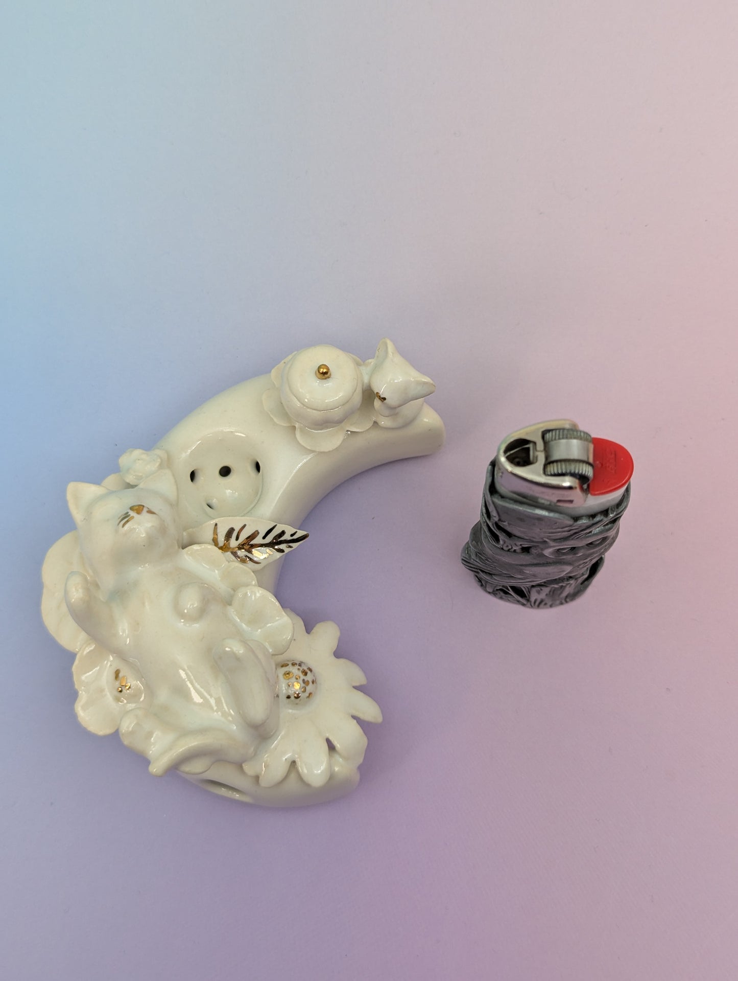Playful Kitten with Mouse and Pumpkin on a Moon Pipe - Marshmallow with Gold Accents