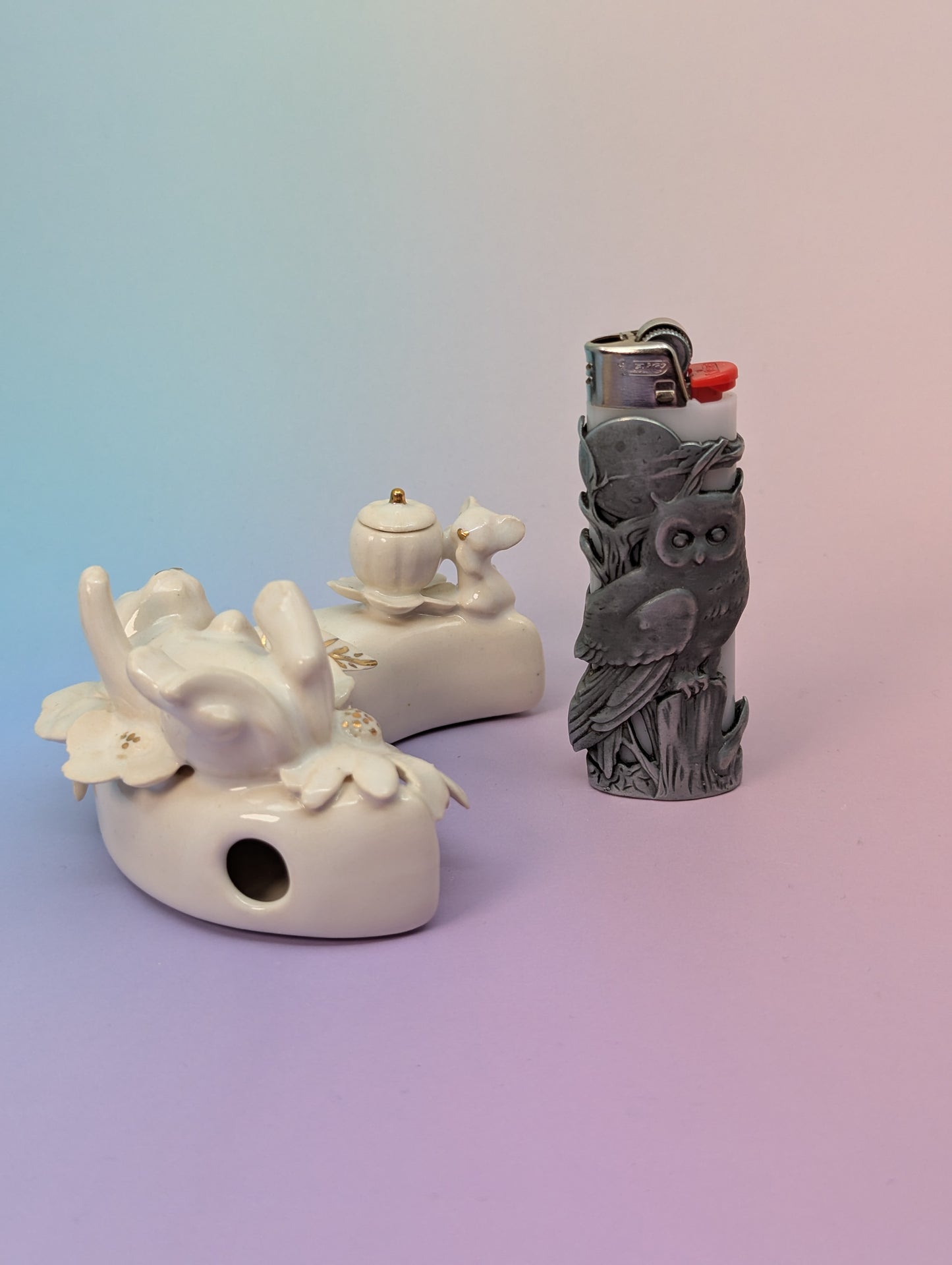 Playful Kitten with Mouse and Pumpkin on a Moon Pipe - Marshmallow with Gold Accents