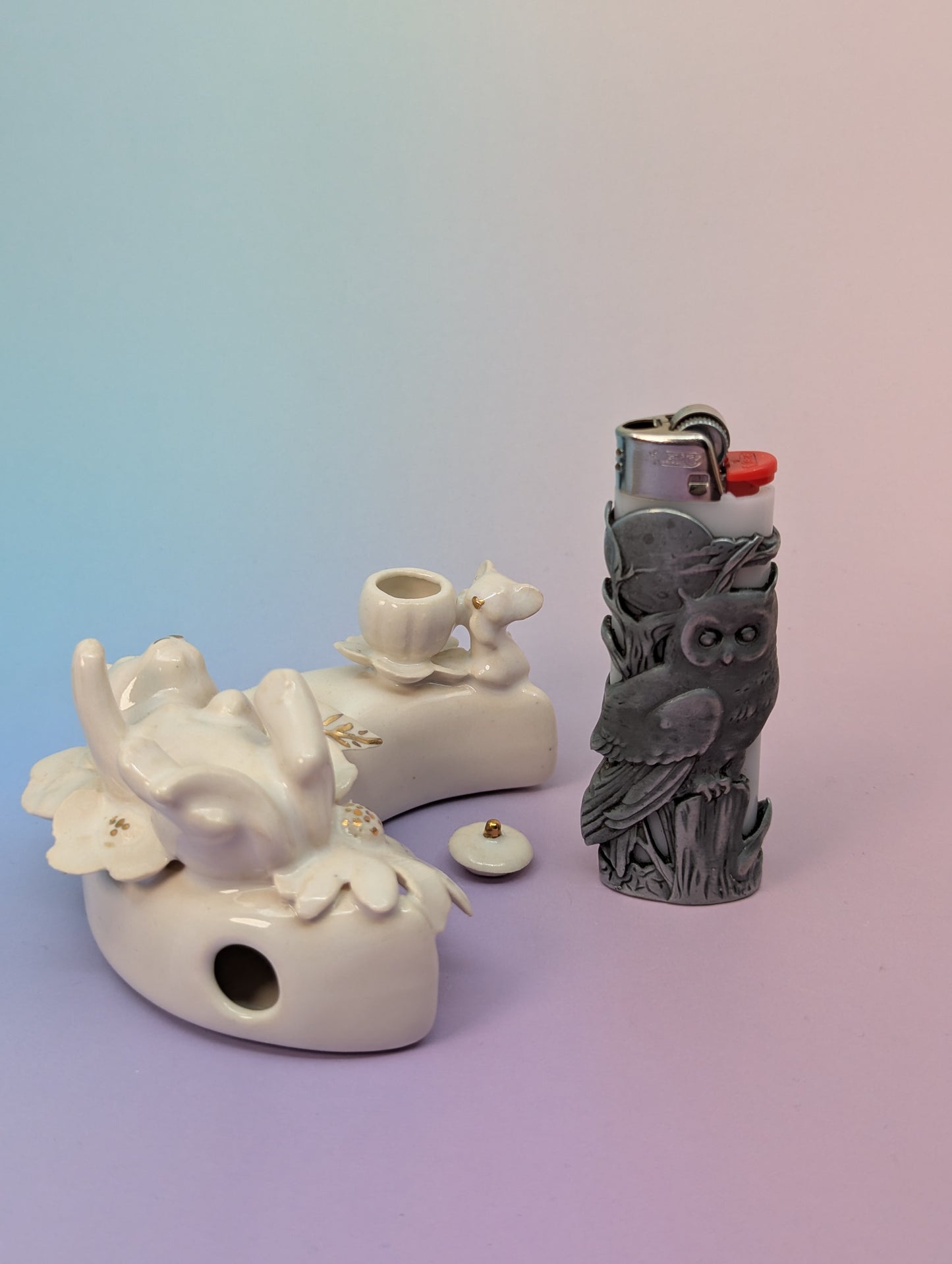 Playful Kitten with Mouse and Pumpkin on a Moon Pipe - Marshmallow with Gold Accents