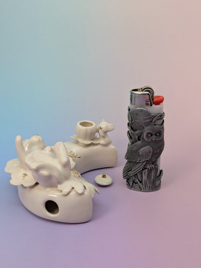 Playful Kitten with Mouse and Pumpkin on a Moon Pipe - Marshmallow with Gold Accents