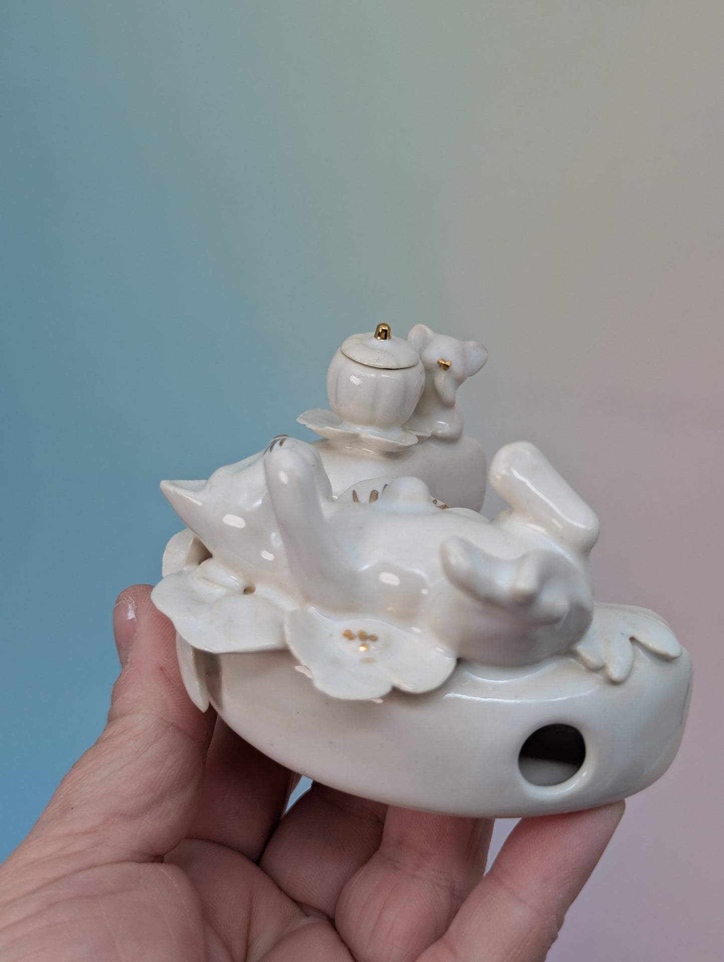 Playful Kitten with Mouse and Pumpkin on a Moon Pipe - Marshmallow with Gold Accents
