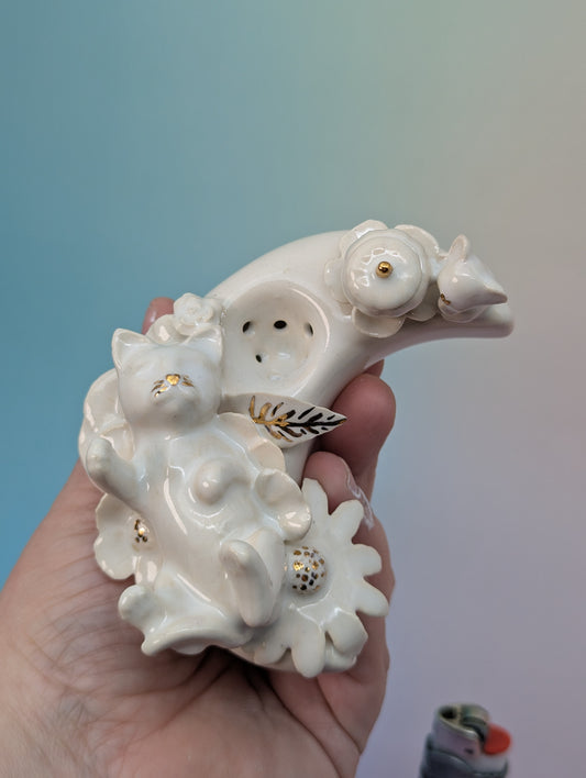 Playful Kitten with Mouse and Pumpkin on a Moon Pipe - Marshmallow with Gold Accents