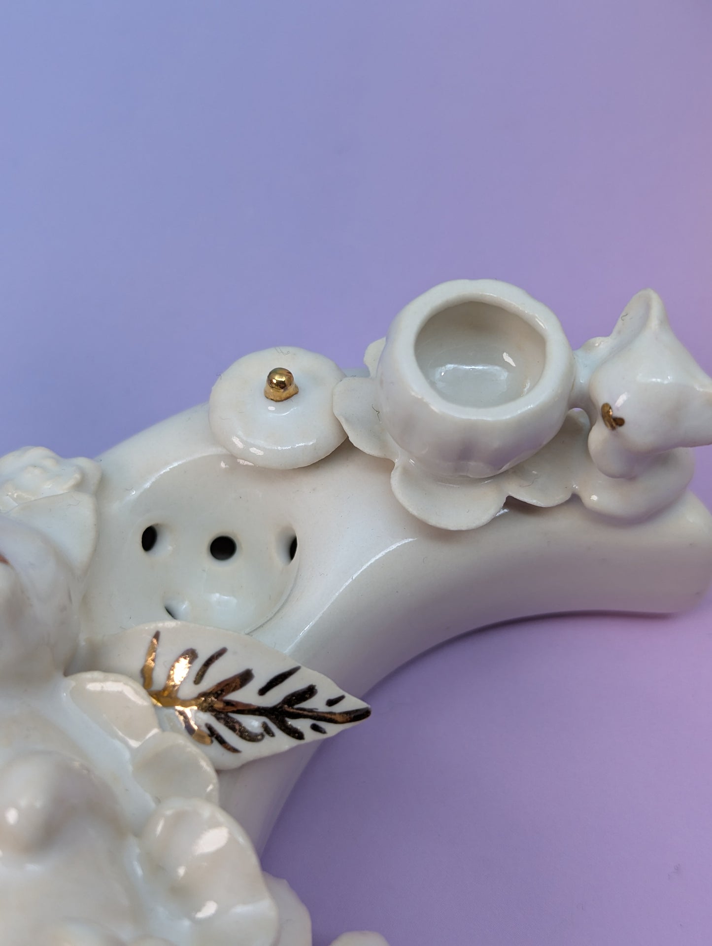 Playful Kitten with Mouse and Pumpkin on a Moon Pipe - Marshmallow with Gold Accents