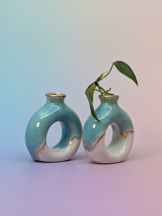 Teal & Marshmallow Napkin Ring Vases W/Gold Enamel Accents