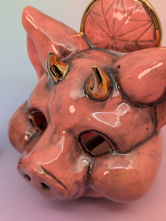 Horny Piggy Ashtray W/Gold Glaze Accents